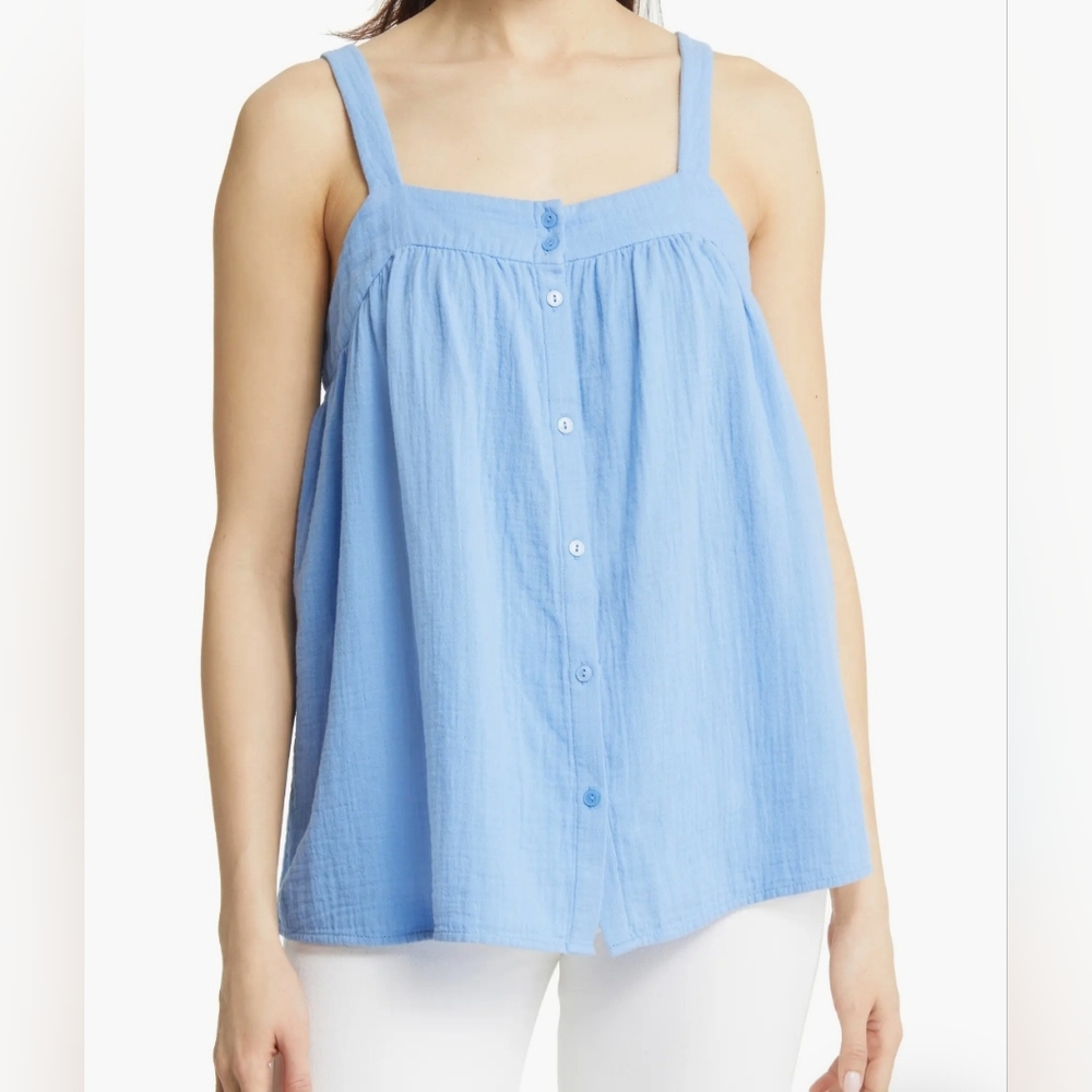 Caslon Cotton Gauze Button-Up Tank Sunflower Blue Size L NWT - Picture 2 of 9